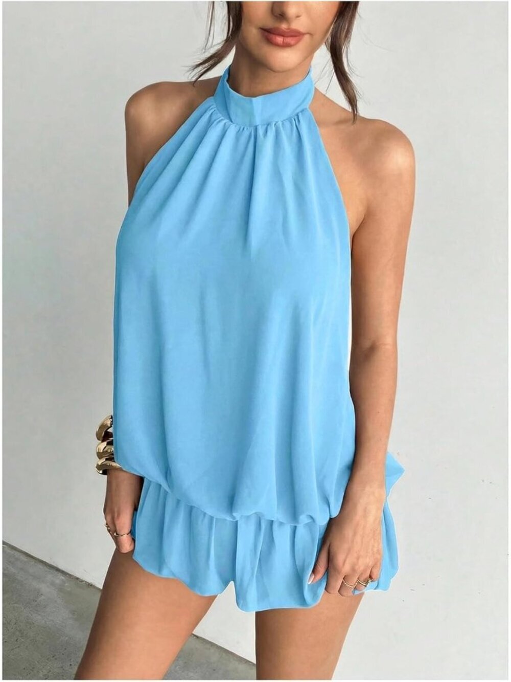 〽️Women's Light Blue Tie Open Back Sleeveless Ruffle Hem Polyester Halter Dress